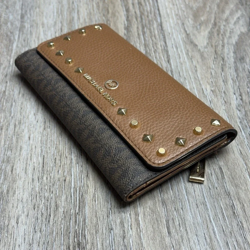 Michael Kors Karla Large Trifold Wallet Tan Studded Faux Leather Logo